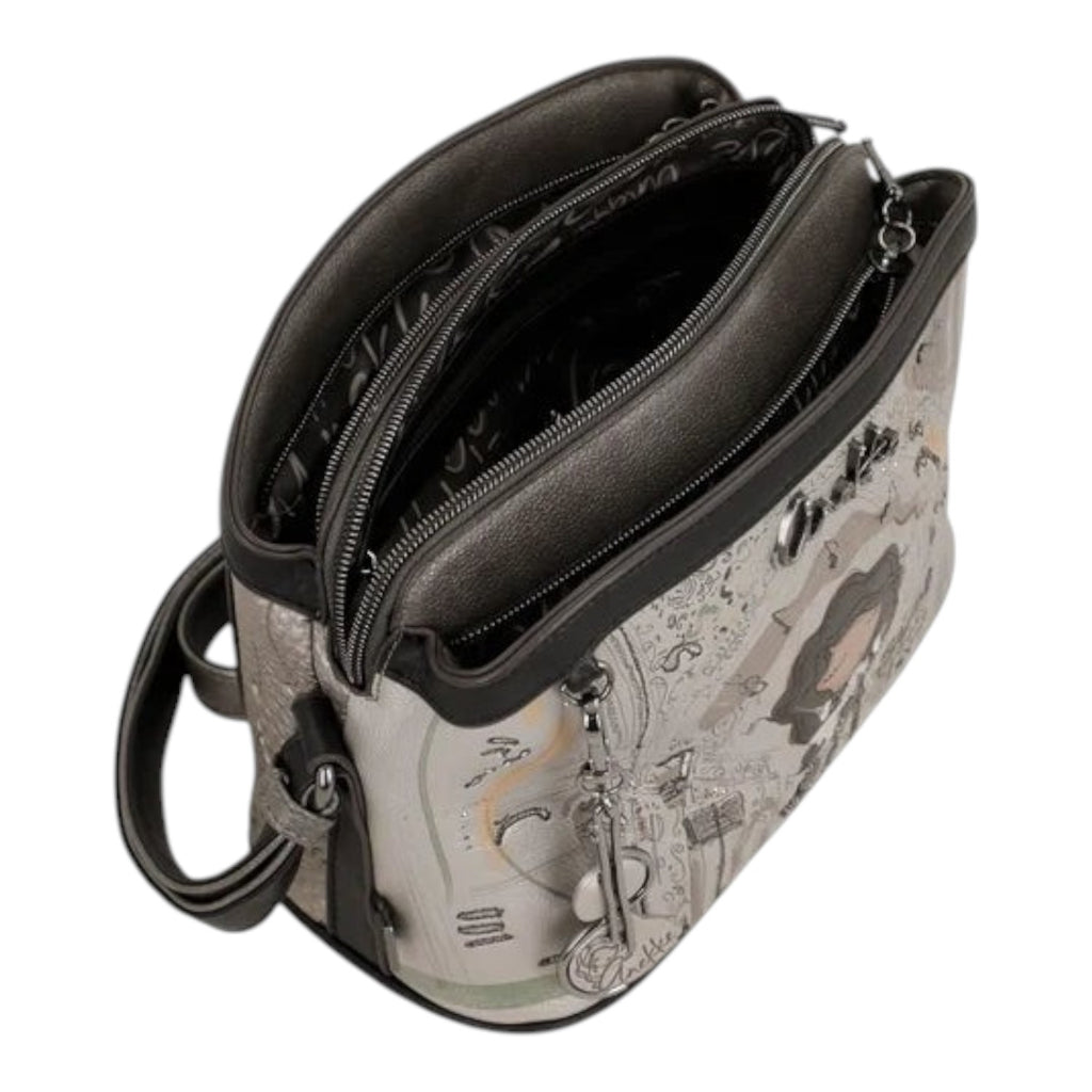 Lieblingstasche cross-body bag in grey with artistic illustration, multiple zippered compartments, and metal charm