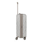 Lieblingstasche Lascana Edition 4W Trolley M spinner suitcase in grey with a white lace-like pattern and tan trim.