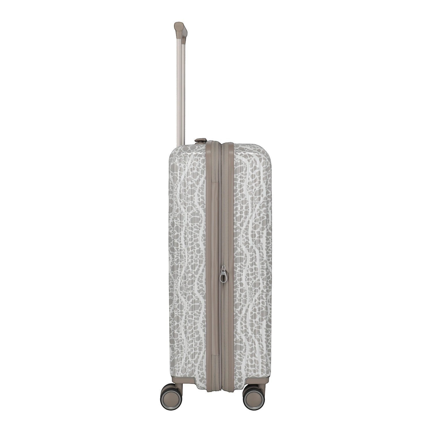 Lieblingstasche Lascana Edition 4W Trolley M spinner suitcase in grey with a white lace-like pattern and tan trim.