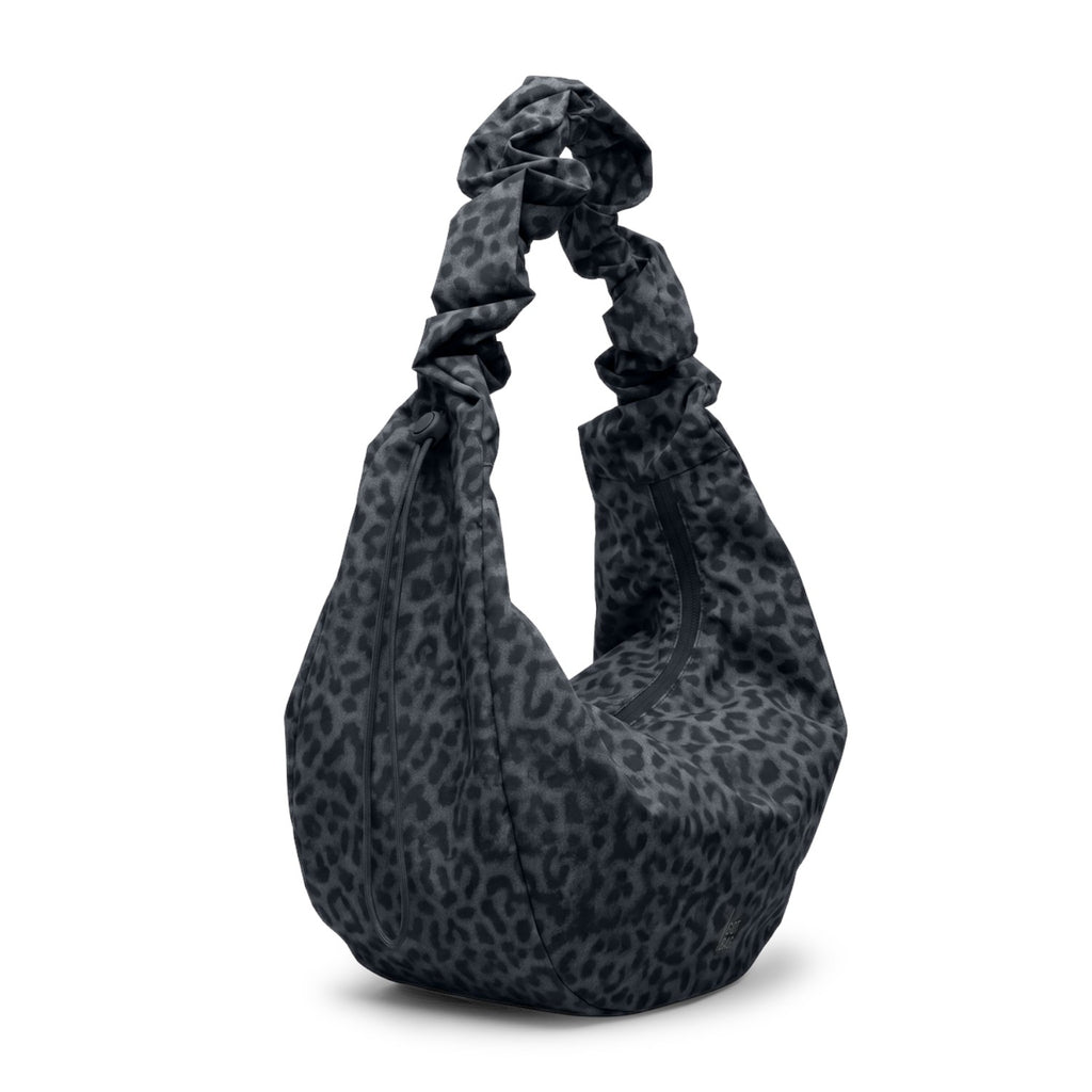 Lieblingstasche Moon Bag Ruffle Large in grey leopard print with a gathered scrunchie-style shoulder strap