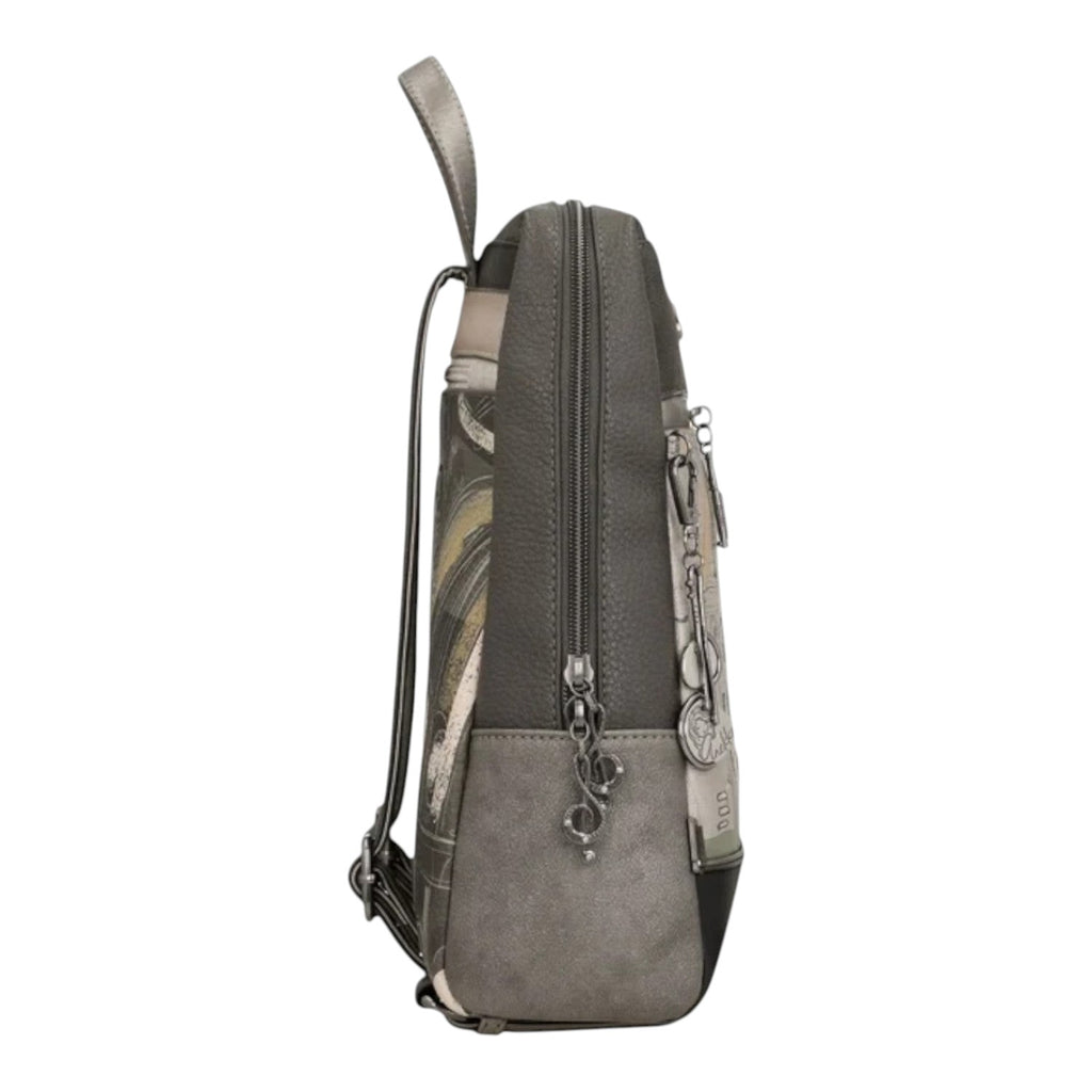 Lieblingstasche grey patterned backpack with side view showing zipper closure and decorative metal charms