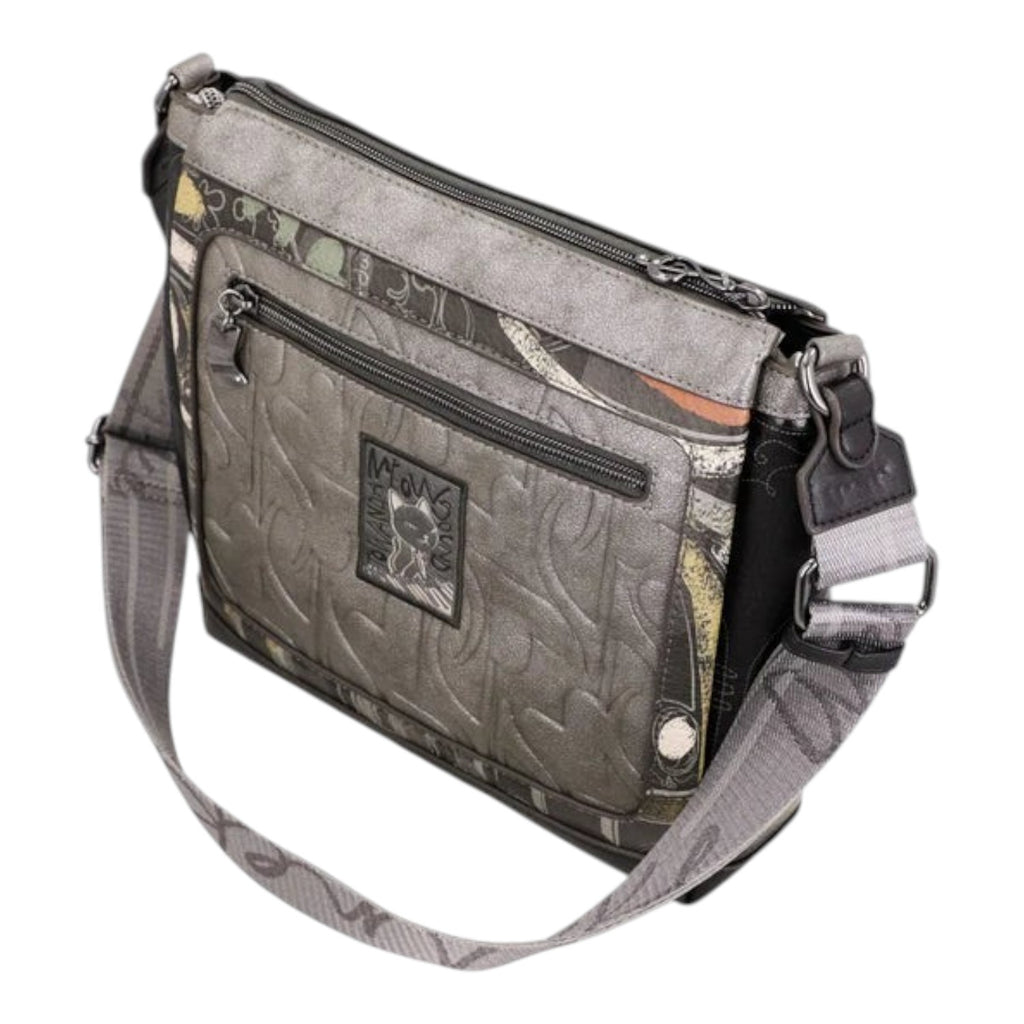 Lieblingstasche cross-body bag in grey with a patterned design, multiple zippered pockets, and adjustable strap.