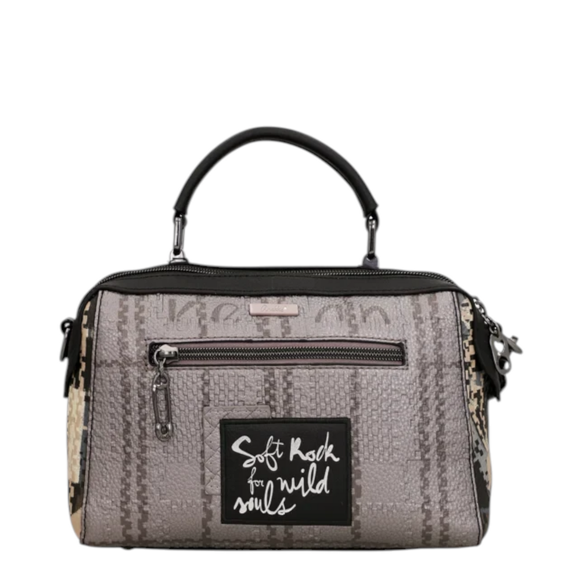 Lieblingstasche cross-body bag in grey with a patterned texture, black handle, and Soft Rock for wild souls patch.