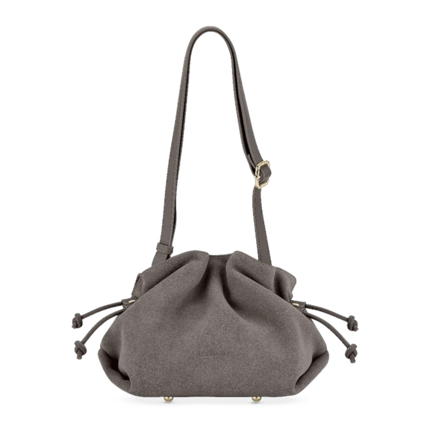 Lieblingstasche Cool Companion Suede S grey suede drawstring shoulder bag with adjustable strap and gold hardware