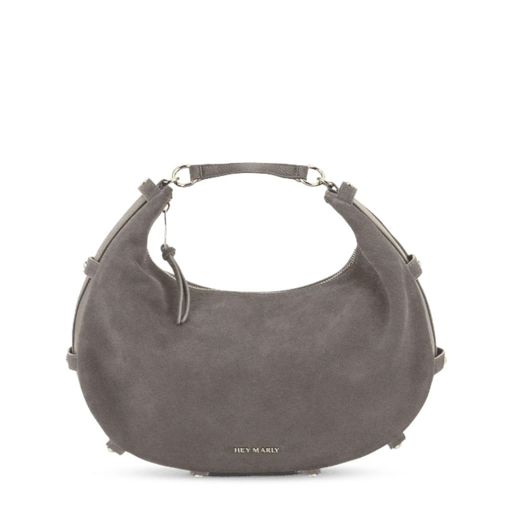 Lieblingstasche Lifetime Sister suede hobo bag in grey with a curved silhouette and silver hardware details.