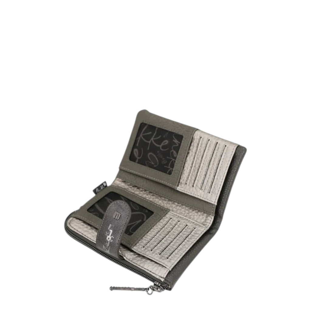 Lieblingstasche grey textured leather wallet with multiple card slots and clear ID windows, open view