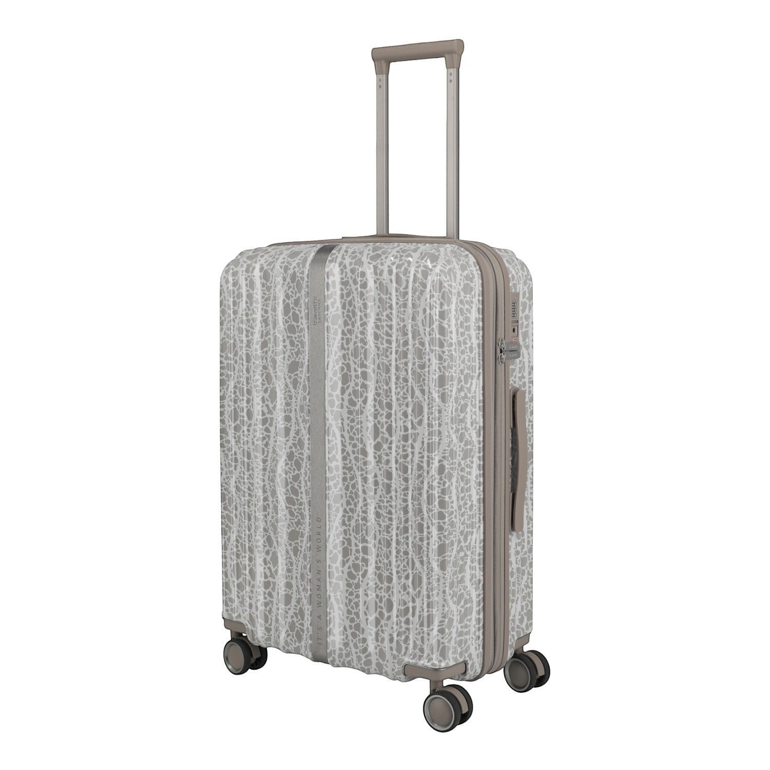 Lieblingstasche Lascana Edition 4W Trolley M with a grey and white abstract pattern, telescopic handle, and four spinner wheels.