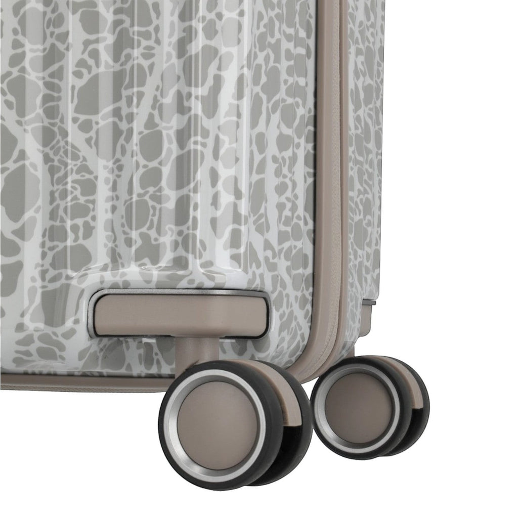 Lieblingstasche grey and white patterned hard-shell trolley luggage with spinner wheels.