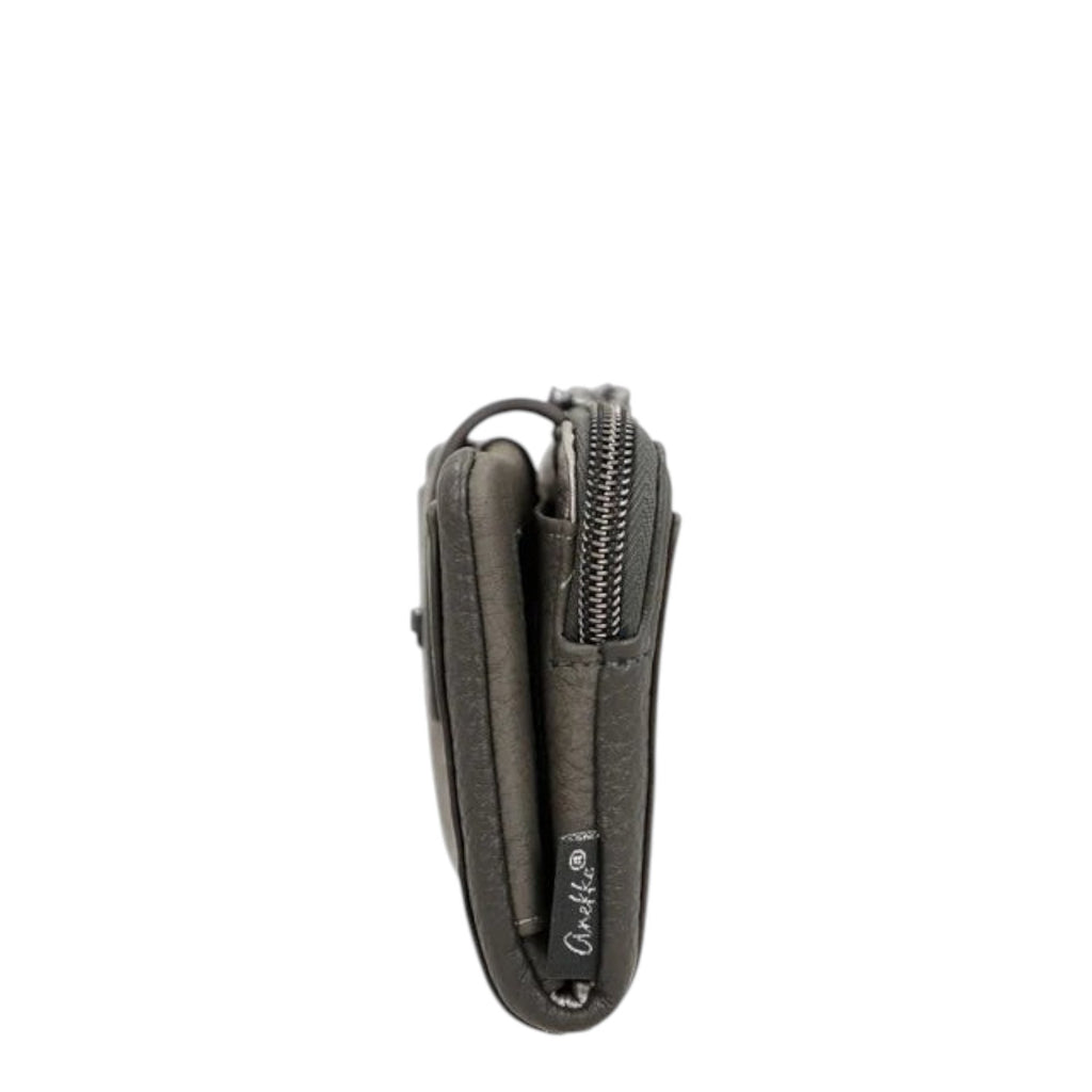 Lieblingstasche grey wallet shown from the side featuring a secure zipper closure and compact design