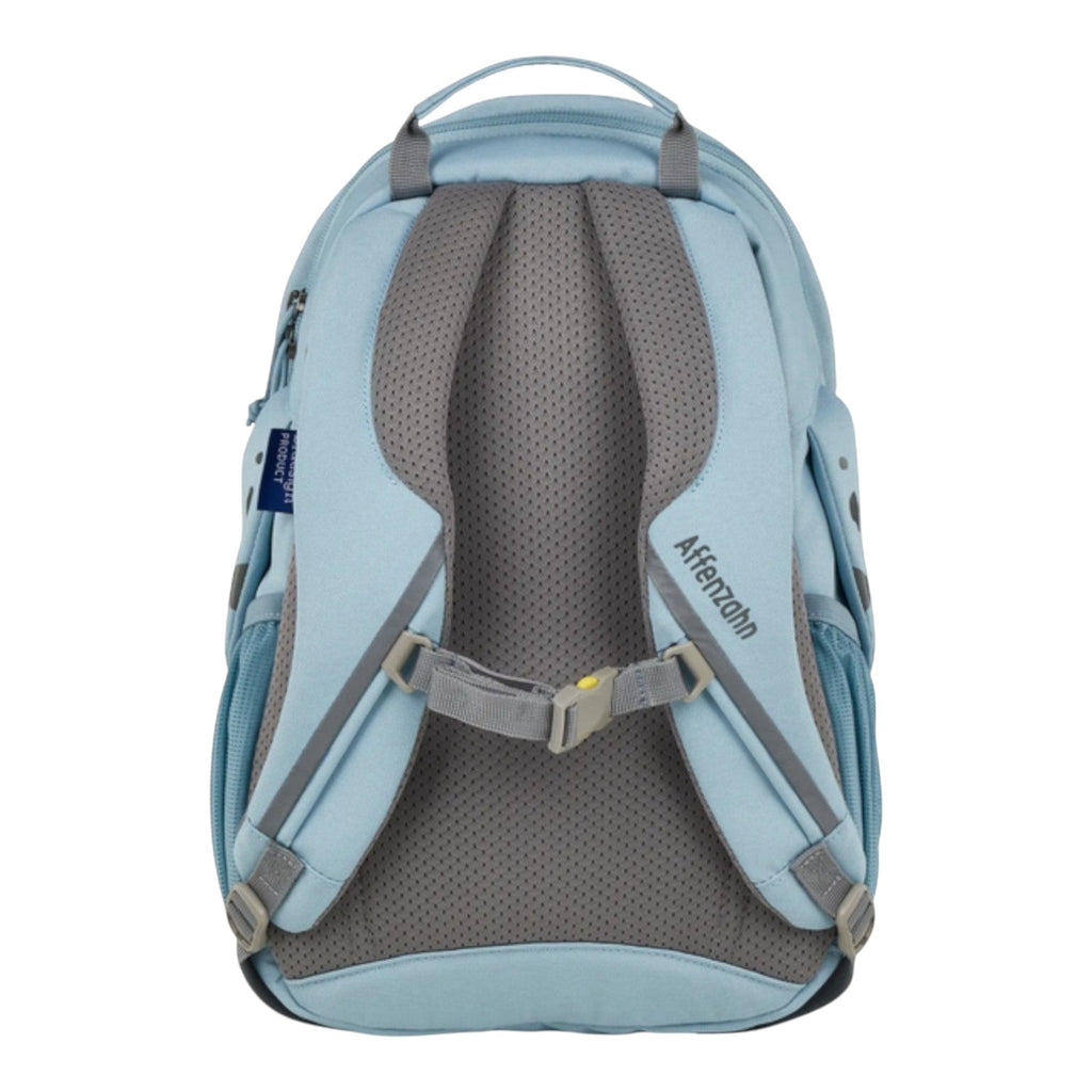 Lieblingstasche Großer Freund light blue backpack with grey padded straps and mesh back panel.