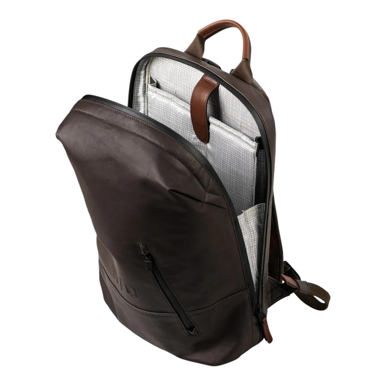 Lieblingstasche a/u by aunts & uncles Hamamatsu backpack in dark brown coated canvas with leather details and laptop slot