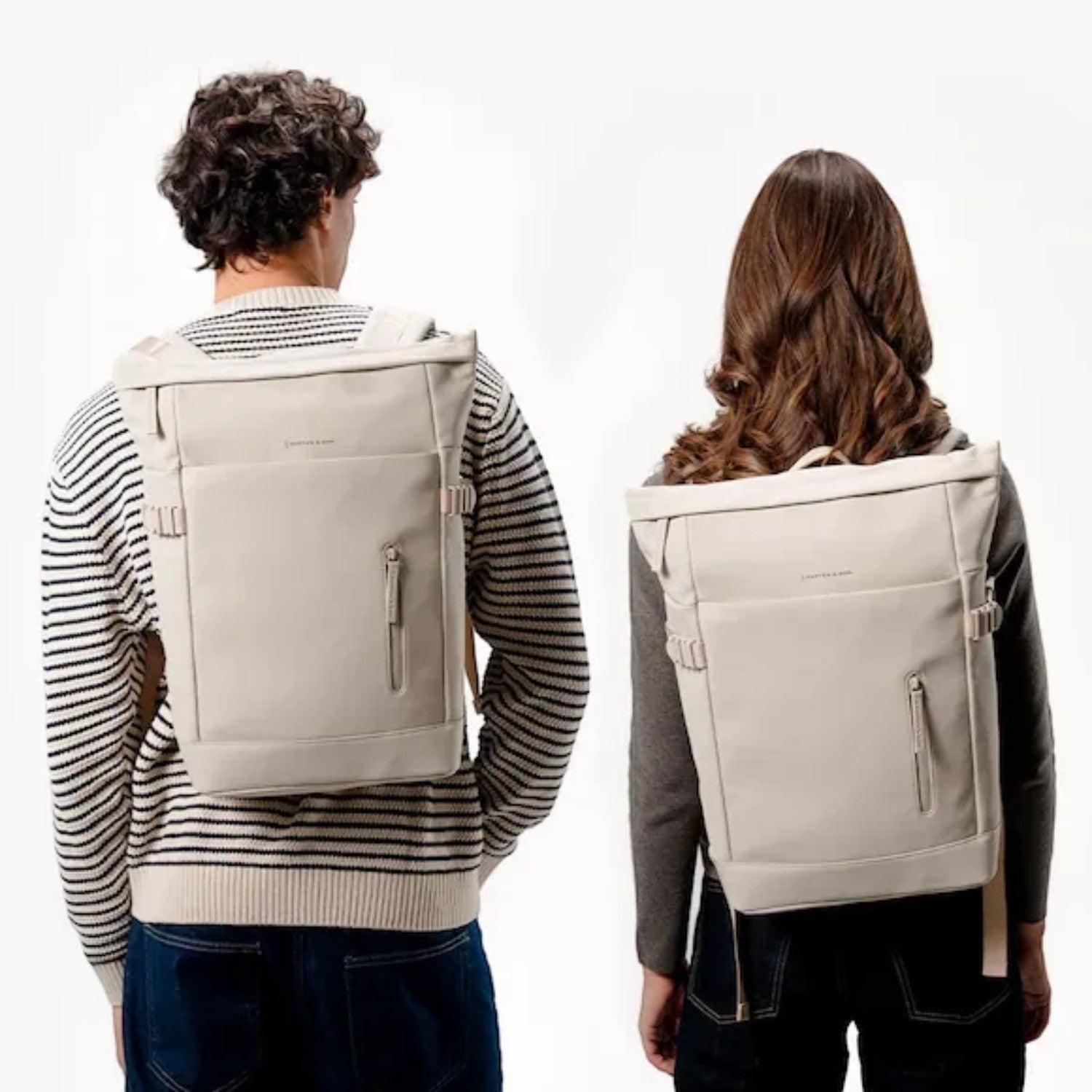 Lieblingstasche Helsinki beige rolltop backpack worn by a man and woman showing front and back views