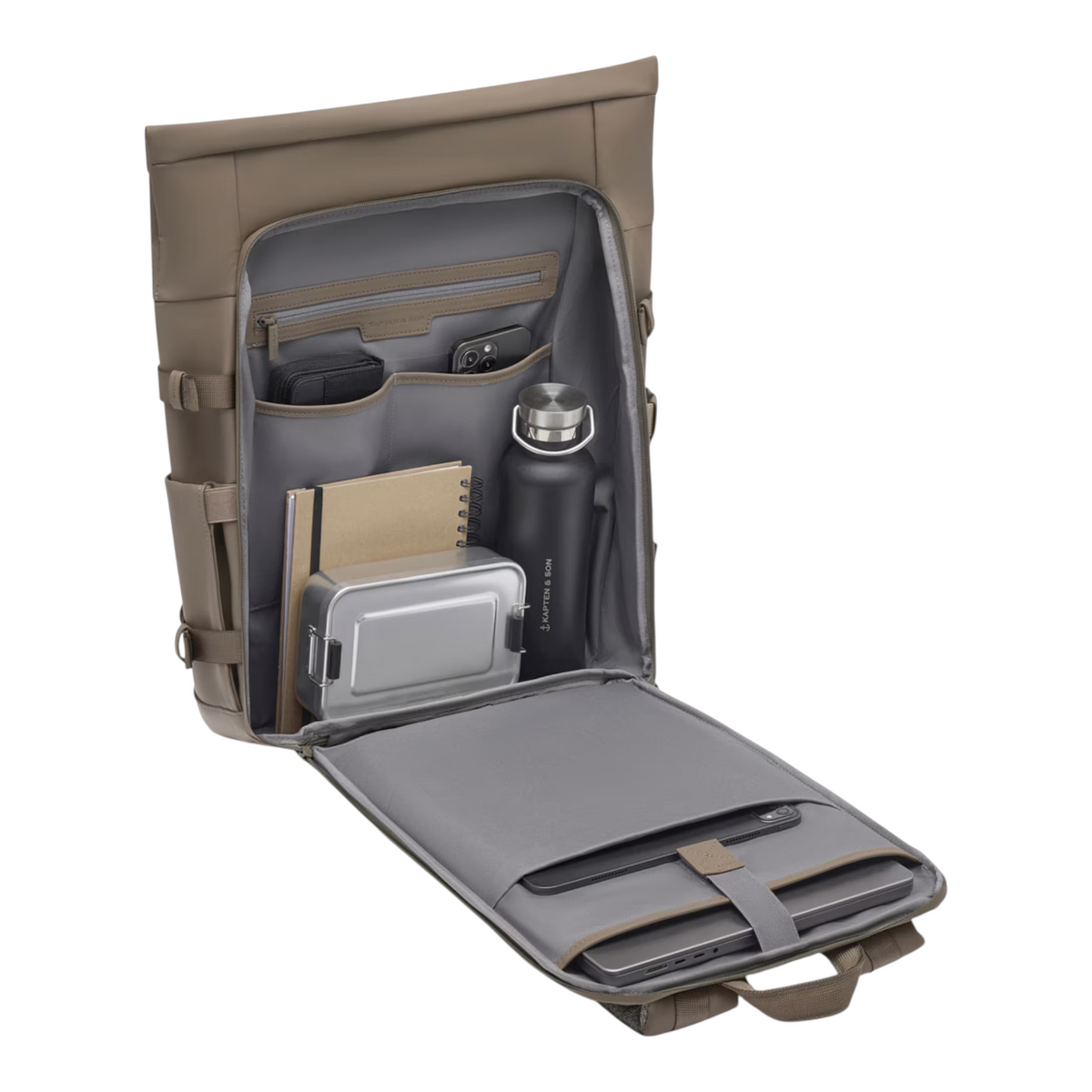 Lieblingstasche Helsinki Pro beige backpack with open main compartment showing organized pockets and laptop sleeve