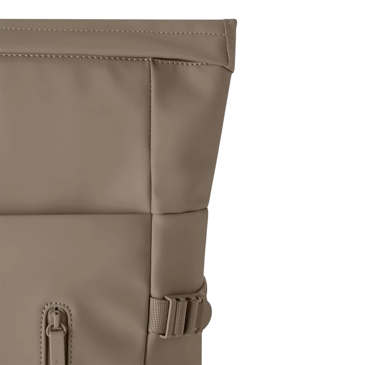 Close-up of the beige Lieblingstasche Helsinki Pro backpack featuring smooth waterproof material and side buckle