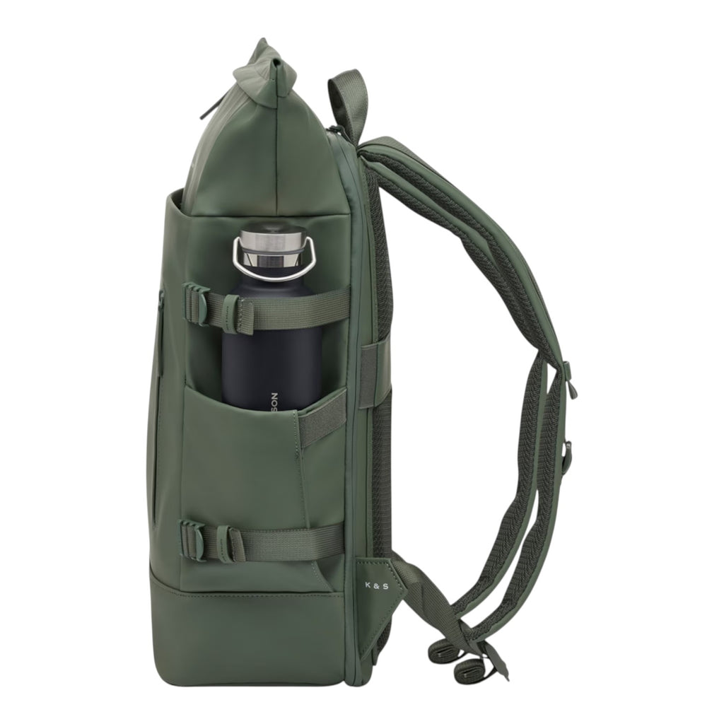 Lieblingstasche Helsinki Pro olive green roll-top backpack with side water bottle pocket and adjustable straps