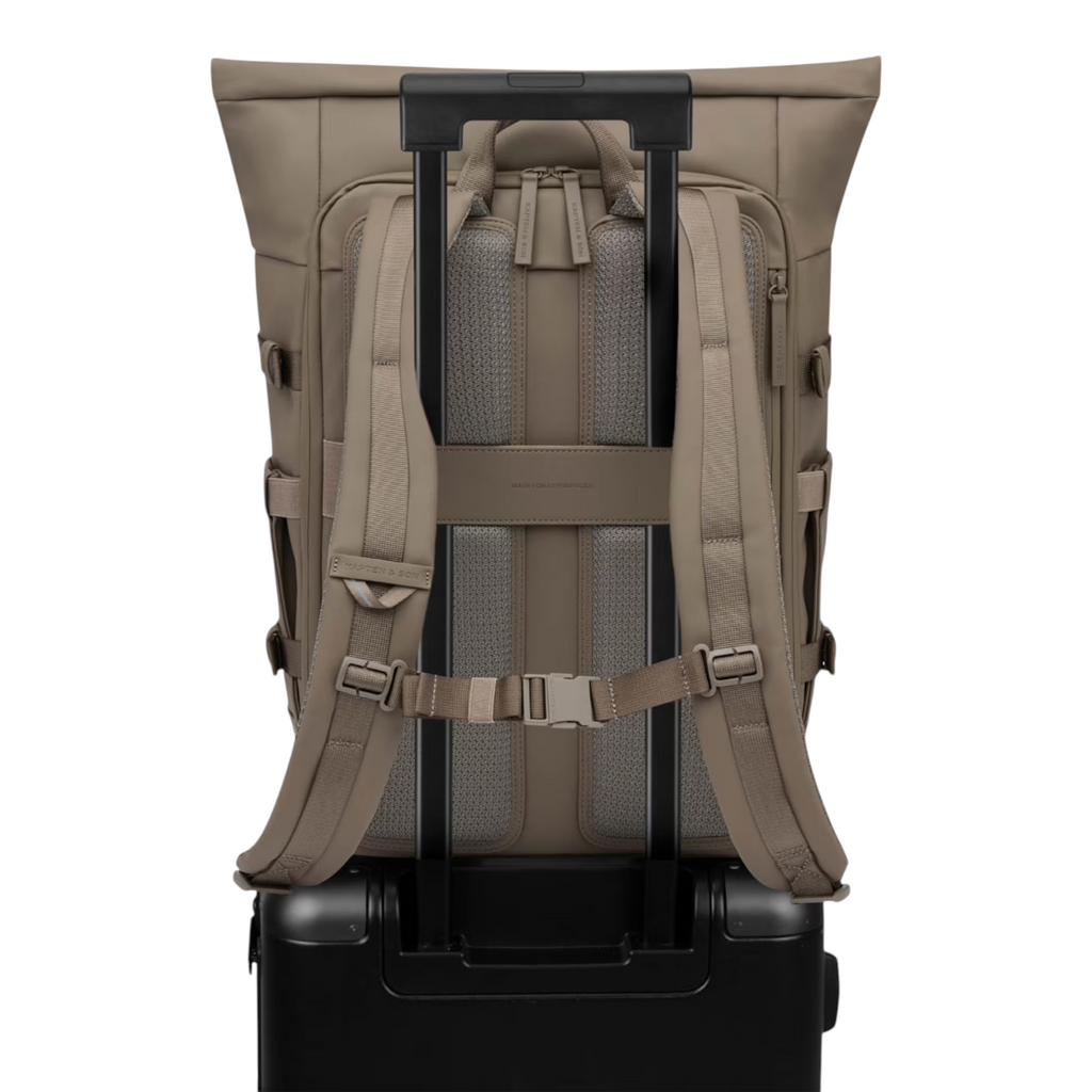Lieblingstasche Helsinki Pro taupe backpack with padded straps and luggage trolley sleeve attachment