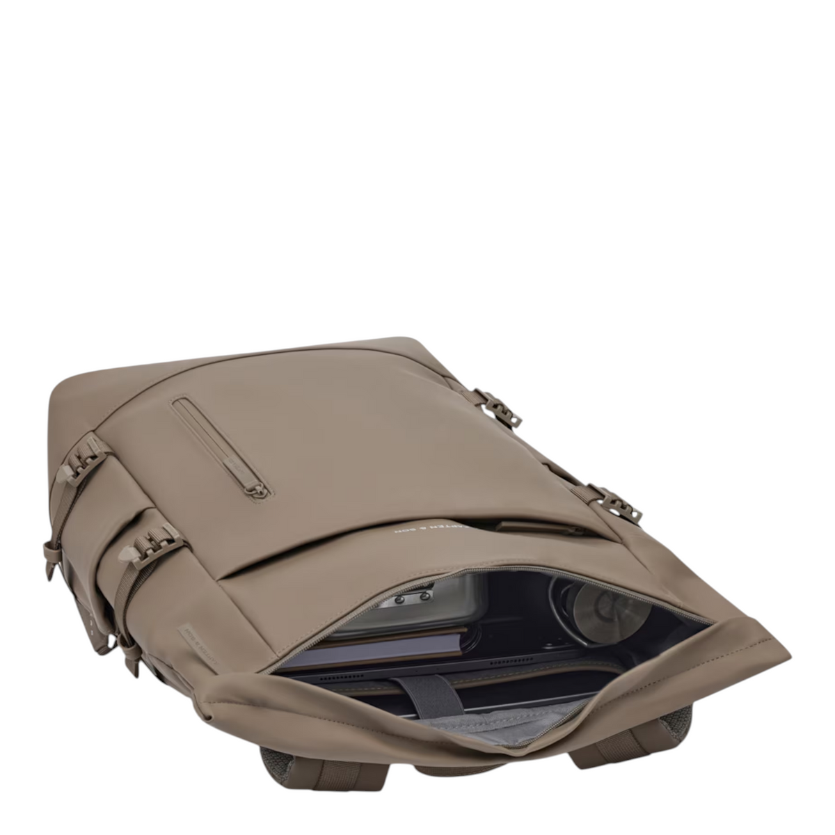 Lieblingstasche Helsinki Pro backpack in taupe with open main compartment showing internal laptop and bottle storage