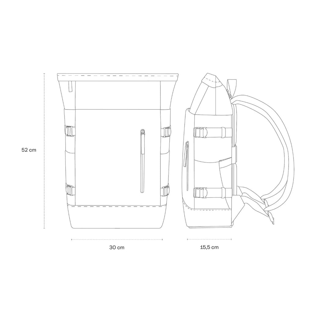 Lieblingstasche Helsinki Pro backpack technical line drawing showing front and side dimensions in centimeters