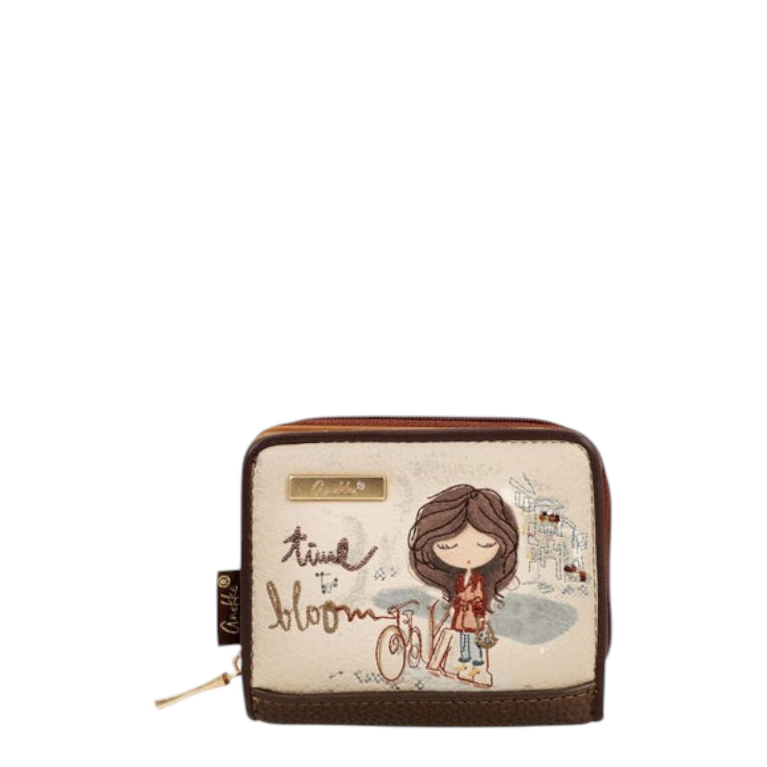 Lieblingstasche wallet featuring a whimsical girl illustration with Time to Bloom text and brown leather trim