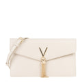 Lieblingstasche ivory leather clutch with gold V logo and tassel detail, adjustable strap.