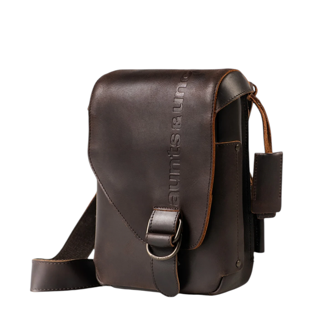 Lieblingstasche Jade dark brown leather crossbody bag with embossed logo and buckle closure