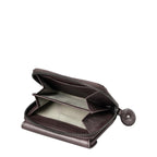 Lieblingstasche Judy dark brown leather wallet with an open zippered compartment and striped interior lining