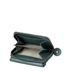Lieblingstasche Judy dark green leather wallet with an open zippered compartment and striped interior lining