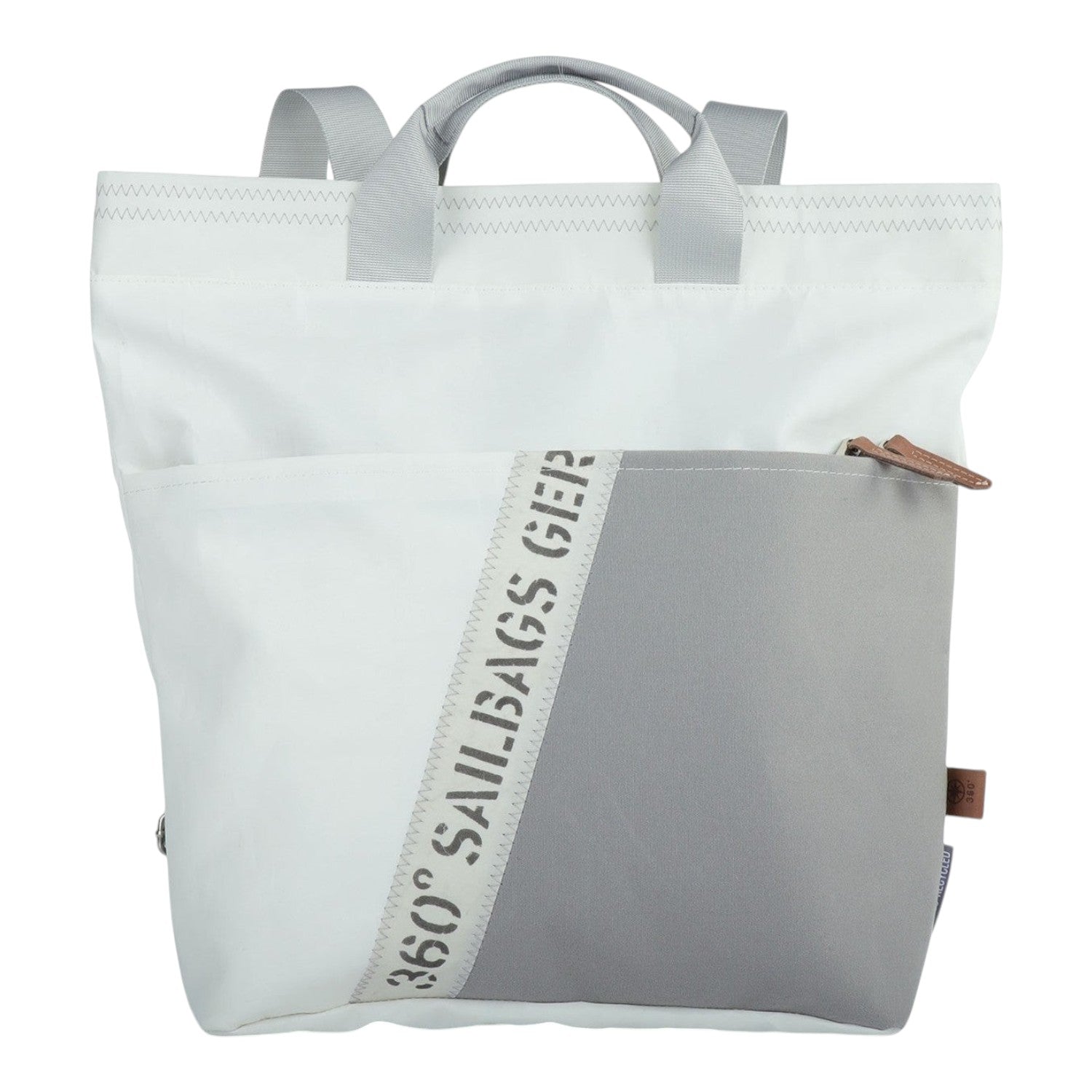 Lieblingstasche Kaje white and grey sailcloth tote backpack with 360 Sailbags Germany print and carry handles
