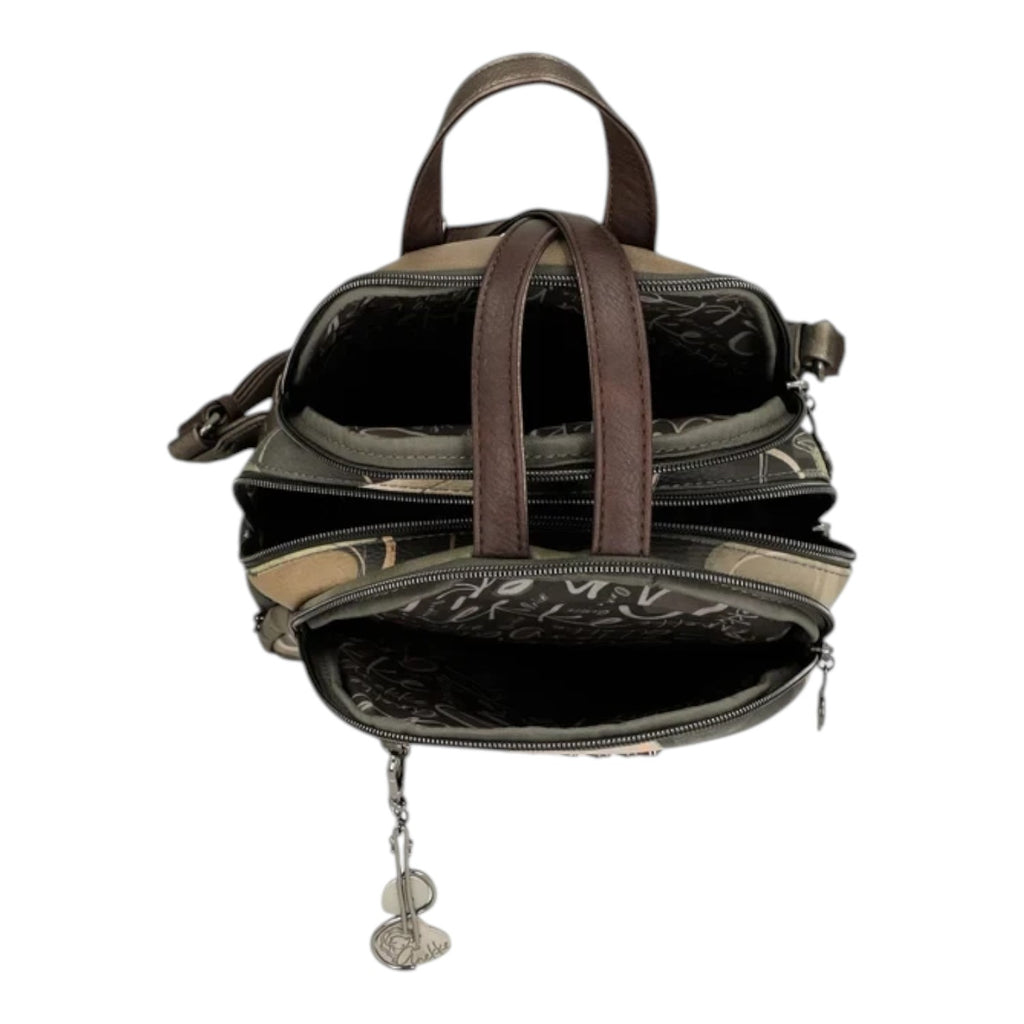 Lieblingstasche backpack in khaki and brown with a multi-compartment design and patterned interior lining