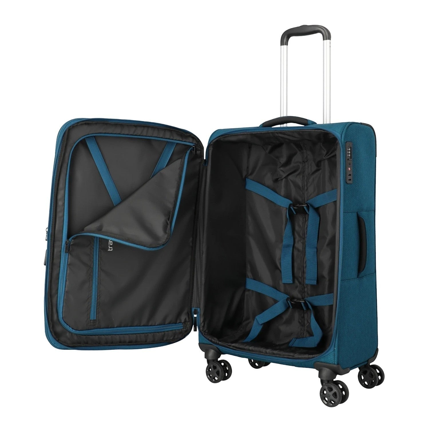 Lieblingstasche KICK OFF medium expandable 4-wheel trolley suitcase in blue with open interior and packing straps