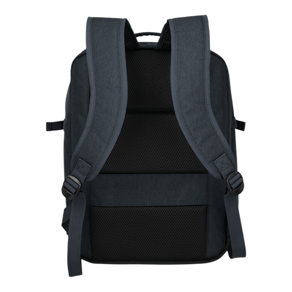 Back view of the Lieblingstasche Kick Off Cabin Rucksack in dark grey with padded shoulder straps and mesh back panel.