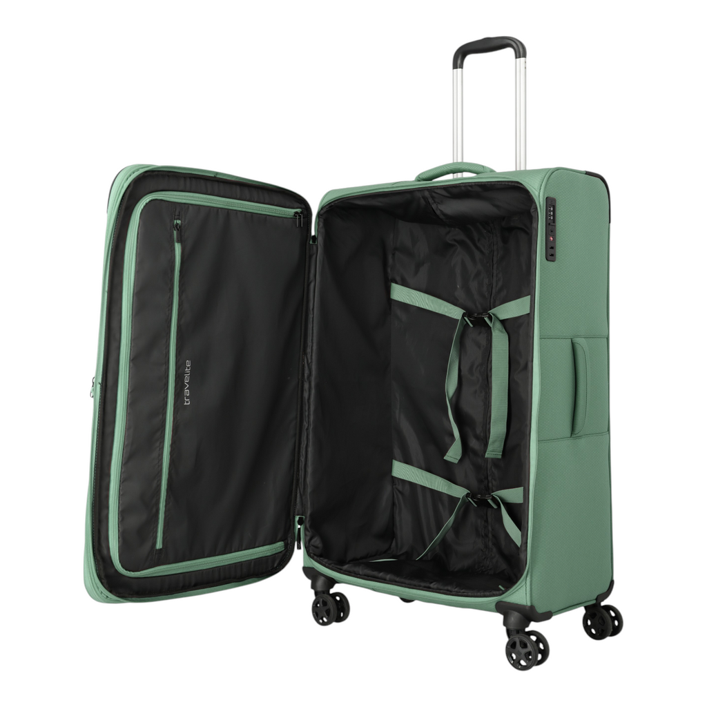 Lieblingstasche Kick Off large expandable 4-wheel trolley suitcase in sage green with open interior compartments