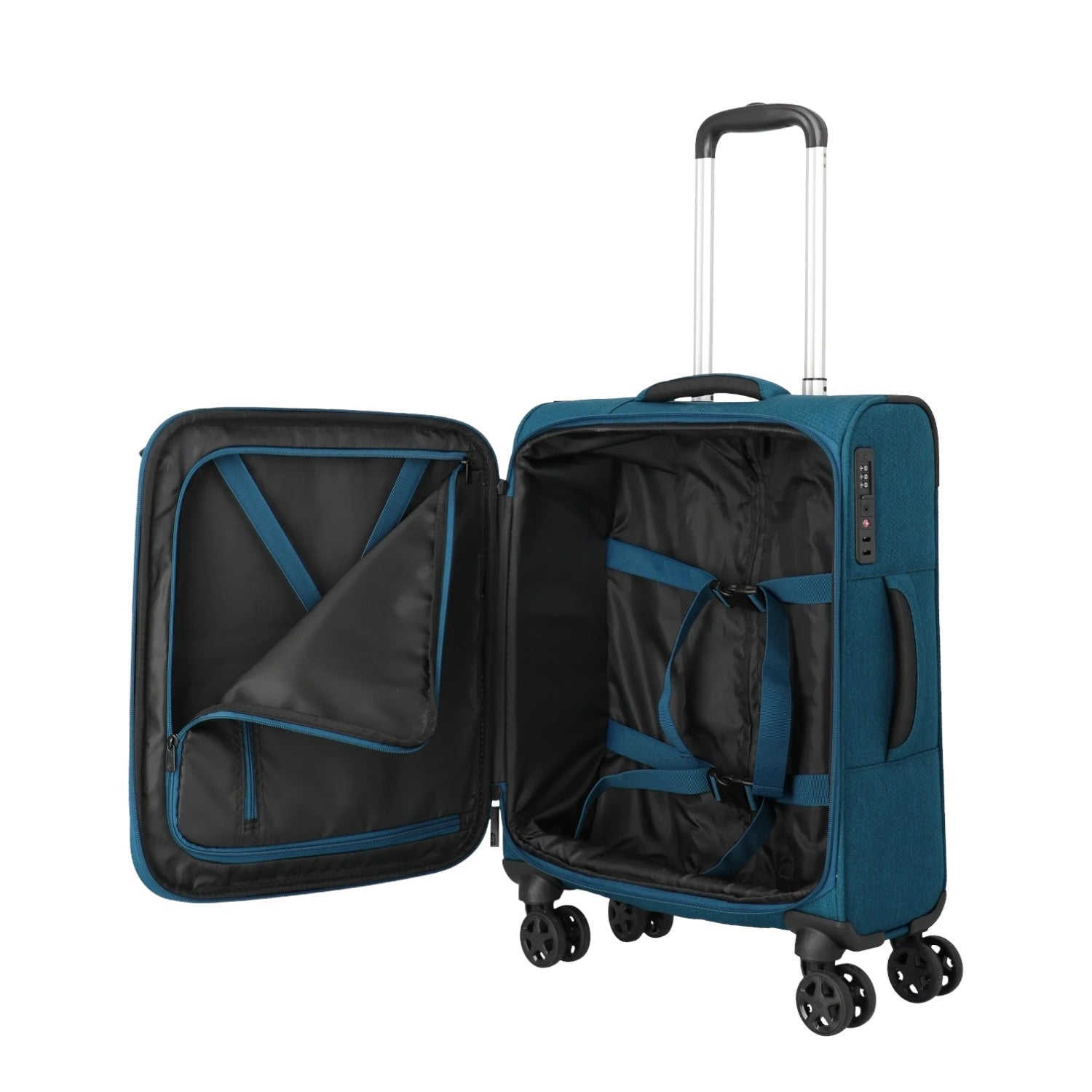 Lieblingstasche KICK OFF 4-wheel trolley suitcase in petrol blue with open interior and packing straps