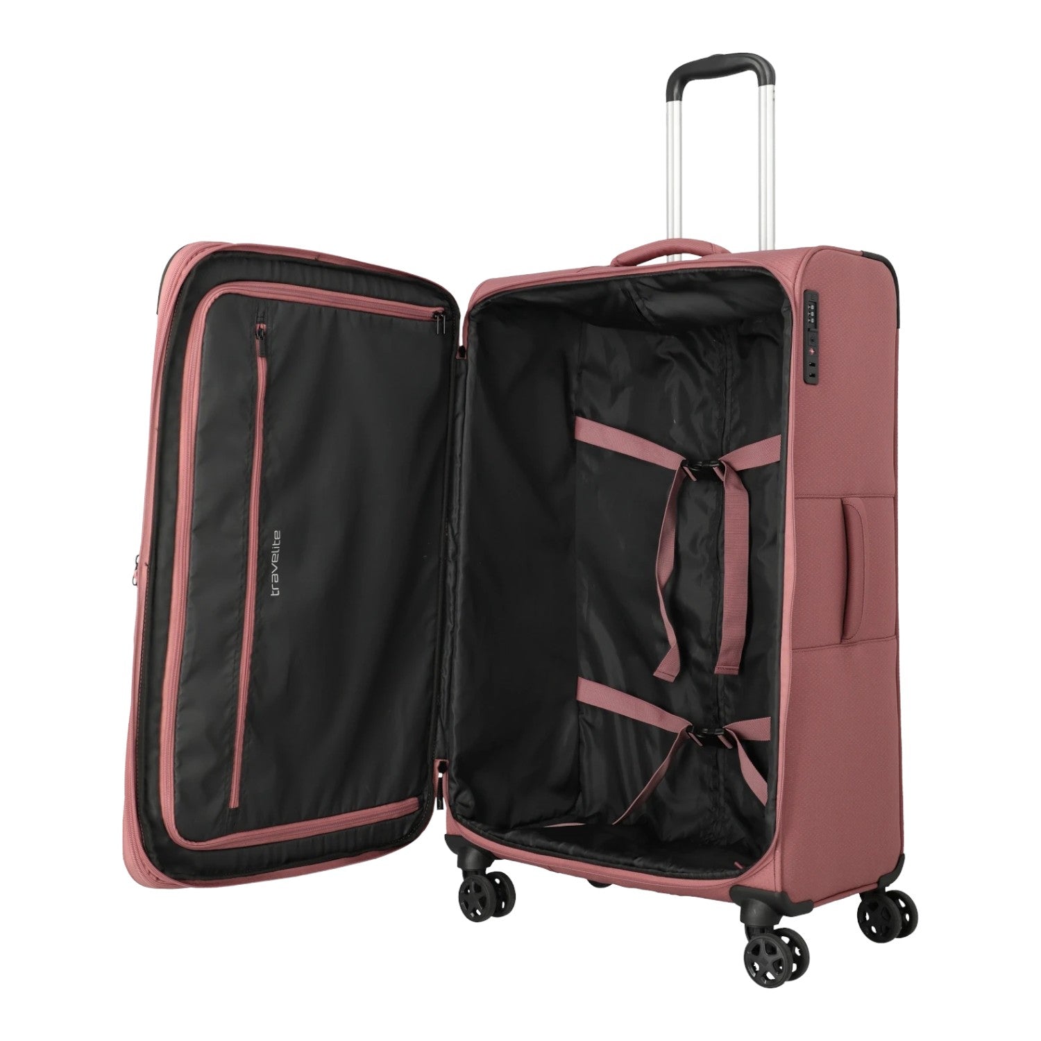 Lieblingstasche KICK OFF large expandable trolley suitcase in rose pink with four wheels and open interior