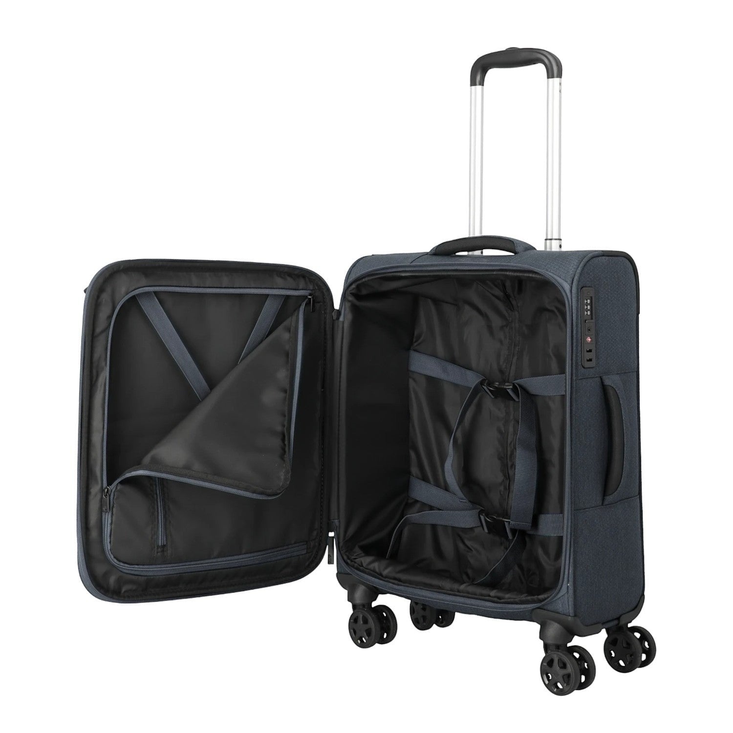 Lieblingstasche KICK OFF 4-wheel small trolley suitcase in dark blue with open interior and packing straps