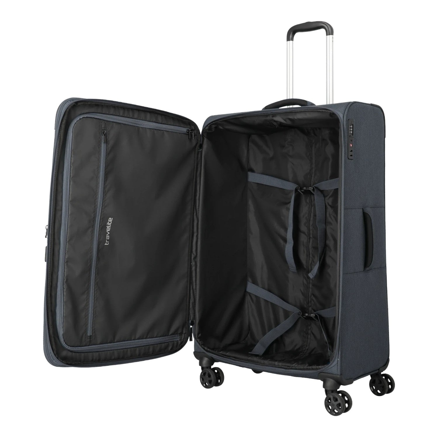 Lieblingstasche KICK OFF large expandable 4-wheel trolley suitcase in dark grey with open interior and packing straps