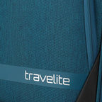 Close-up of the Lieblingstasche KICK OFF trolley suitcase in petrol blue featuring the travelite logo