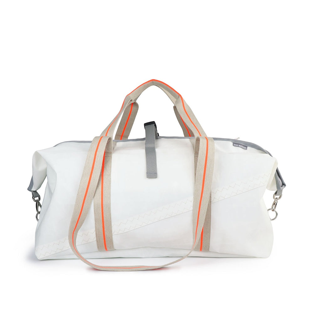 Lieblingstasche Kutter XL white recycled sailcloth duffel bag with grey and orange striped webbing handles