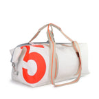 Lieblingstasche Kutter XL white sailcloth duffel bag with a large red number 5 print and beige webbing straps
