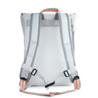 Back view of the Lieblingstasche Landgang Mini backpack in light grey with adjustable straps and orange accents.