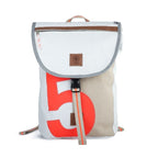 Lieblingstasche Landgang Mini backpack in white sailcloth with a large red number five and brown leather accents.