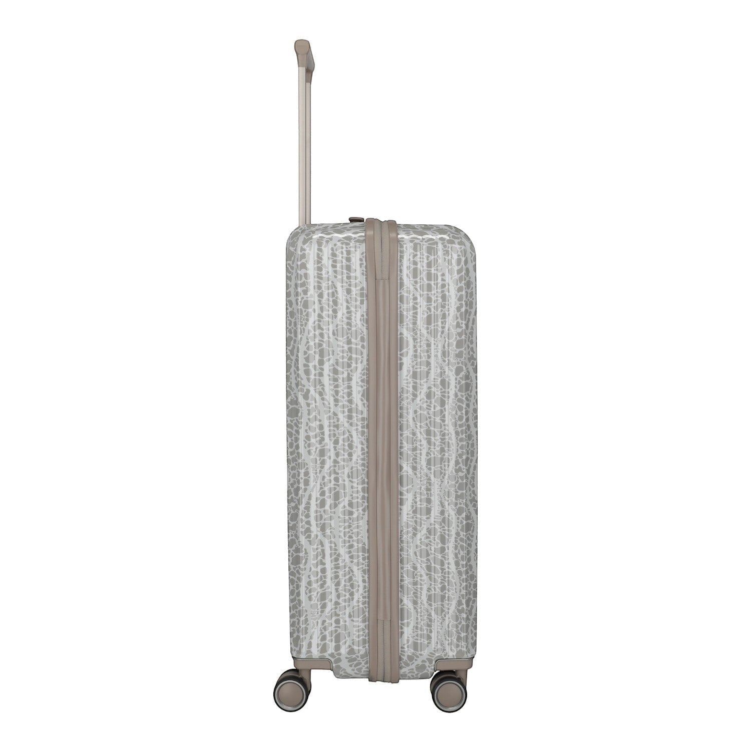 Lieblingstasche Lascana Edition 4W Trolley L, grey suitcase with white abstract pattern, tan trim, telescopic handle, and wheels.
