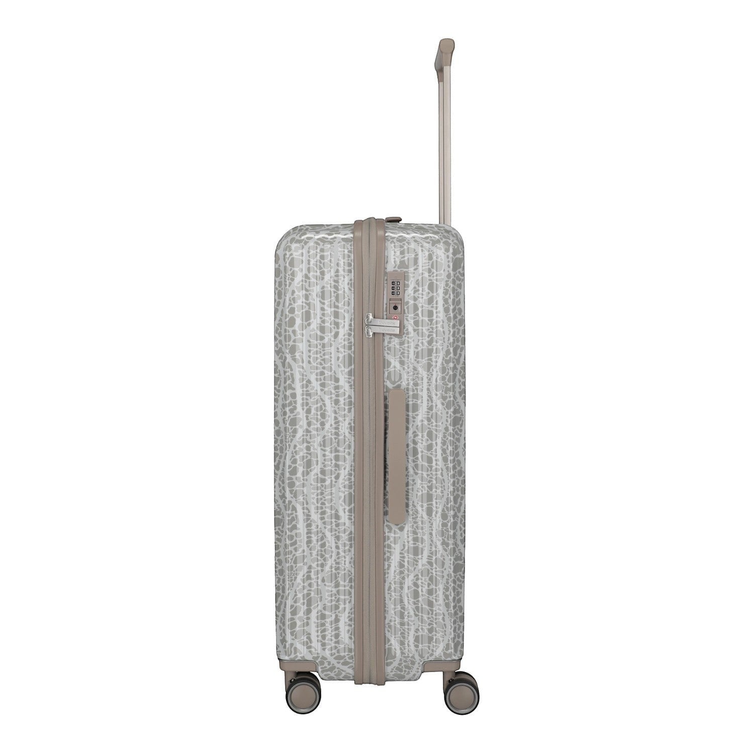 Lieblingstasche Lascana Edition 4W Trolley L, a large grey suitcase with a white abstract pattern and TSA lock.