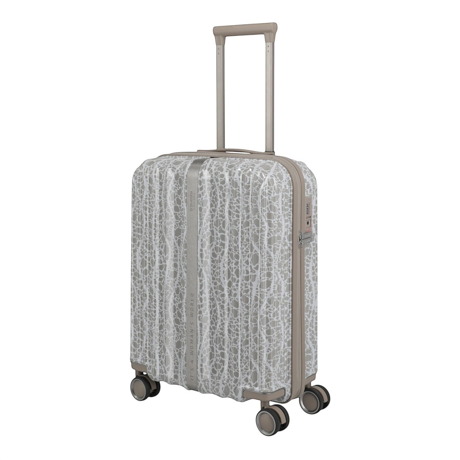 Lieblingstasche Lascana Edition 4W Trolley S, a small grey suitcase with a white lace-like pattern and beige trim. Features a telescopic handle and spinner wheels.