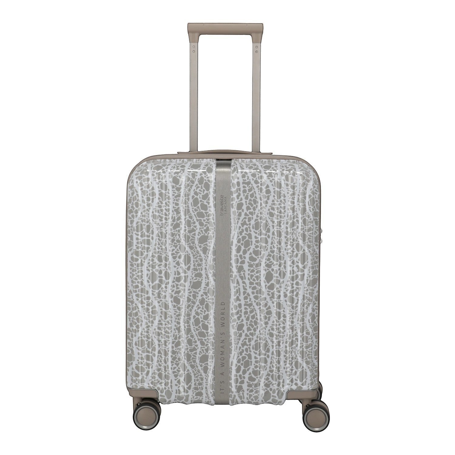Lieblingstasche Lascana Edition 4W Trolley S, a small silver suitcase with a white lace-like pattern and a grey strap.