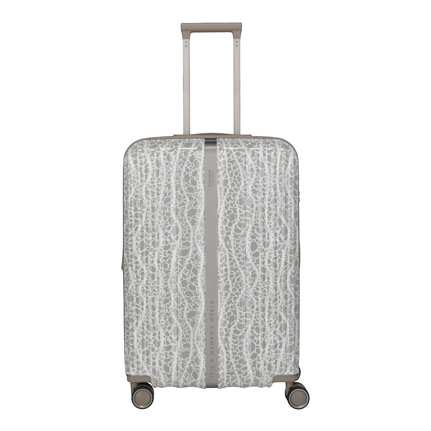Lieblingstasche Lascana Edition 4W Trolley M suitcase with a white abstract pattern on a grey background and a silver telescopic handle.
