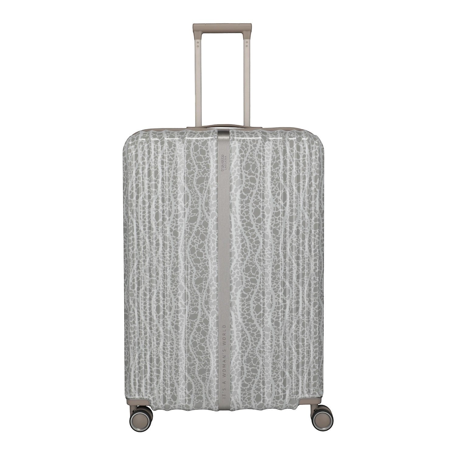 Lieblingstasche Lascana Edition 4W Trolley L, a large grey suitcase with a white lace-like pattern and a silver telescopic handle.