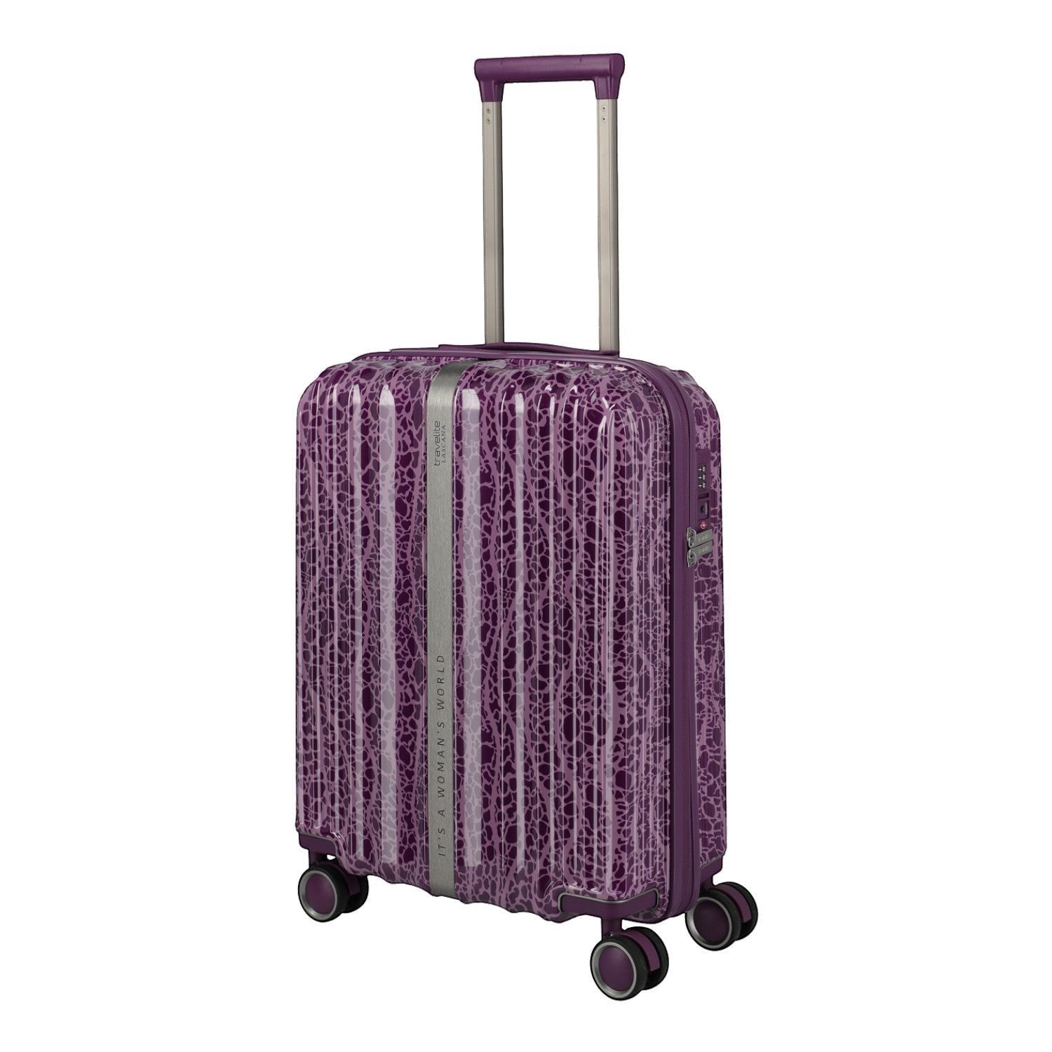 Lieblingstasche Lascana Edition 4W Trolley S, purple suitcase with a textured pattern and silver trim. Features a retractable handle and four spinner wheels.