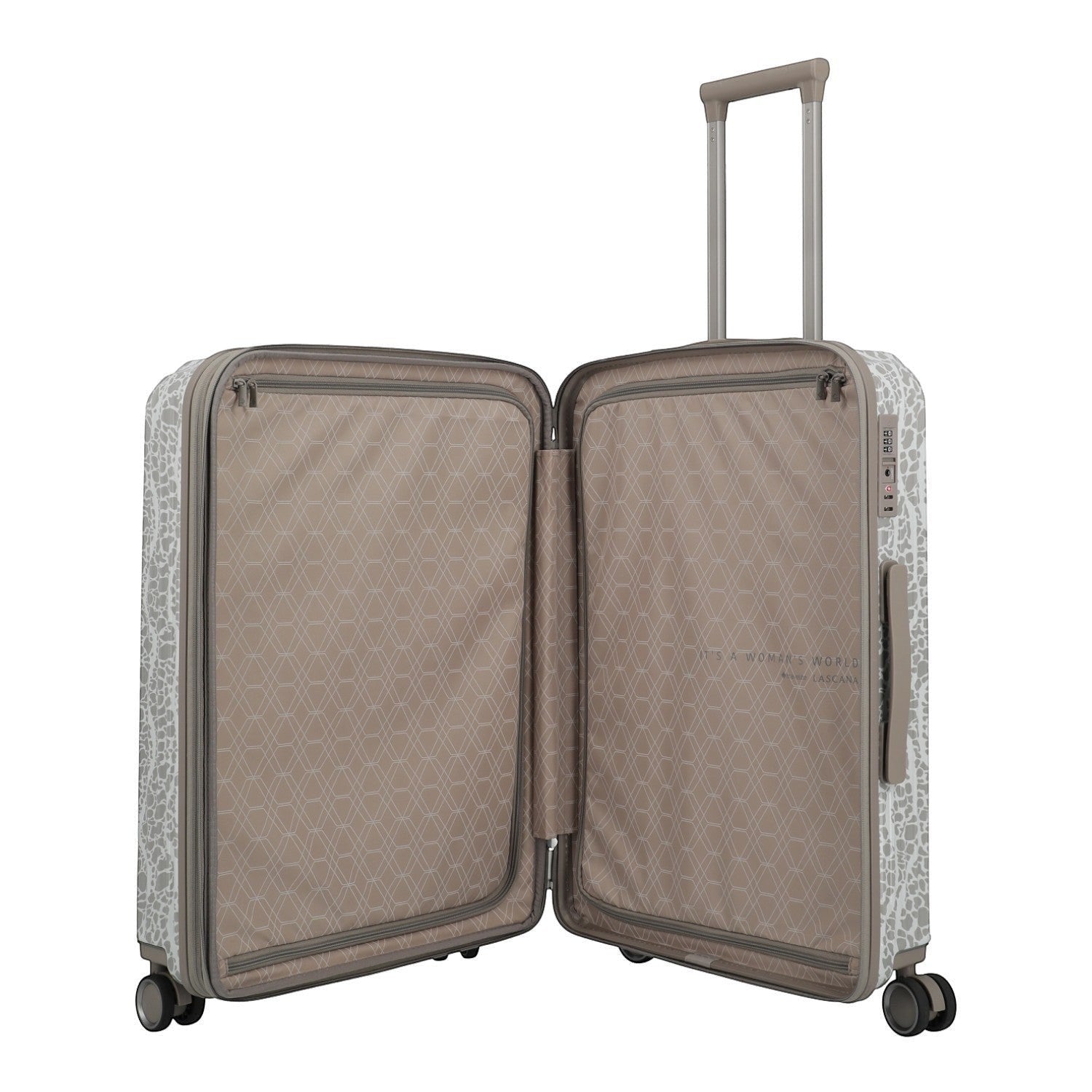 Lieblingstasche Lascana Edition 4W trolley M, white with grey pattern, telescopic handle, spinner wheels, spacious interior.