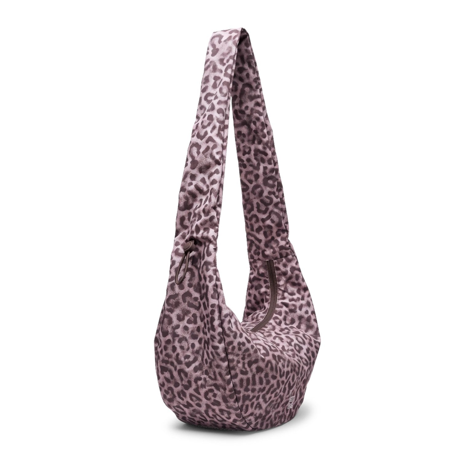 Lieblingstasche Moon Bag Ruffle Large in a mauve leopard print with a soft slouchy silhouette and shoulder strap.